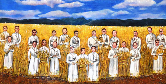 Ilustración del grupo de mártires oblatos vestidos de blanco, con palmas del martirio y manojos de espigas, sobre un campo de trigo dorado con montañas al fondo.